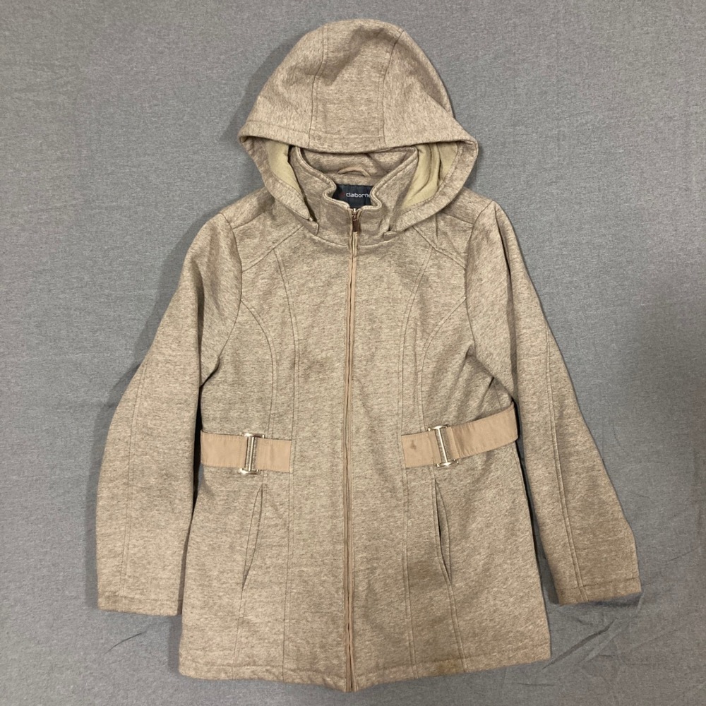 Liz Claiborne Hooded Full Zip Jacket Beige Heather Buckle Detail Coat Large